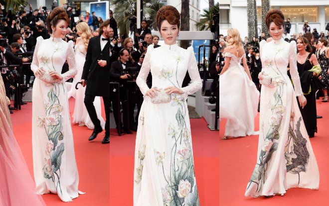 Lý Nhã Kỳ diện Áo dài họa tiết 3D cánh sen, đọ dáng cùng 'báo đen' Naomi Campbell ở Cannes 2018