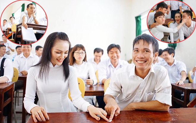 20 năm ngày trở lại trường, cô chú U40 chụp ảnh kỷ yếu diễn cảnh lớp học xưa thật đến từng cen-ti-mét