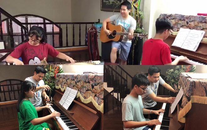 Bố con Trọng Tấn lập ban nhạc 'cây nhà lá vườn' trình diễn siêu đáng yêu