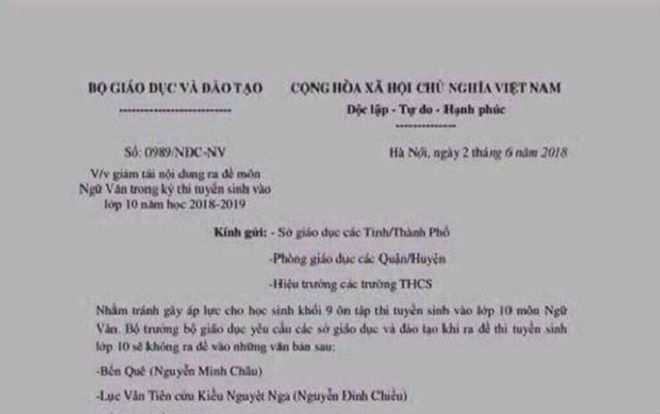 Bộ Giáo dục bị giả mạo công văn giảm tải đề thi Ngữ văn vào lớp 10 THPT