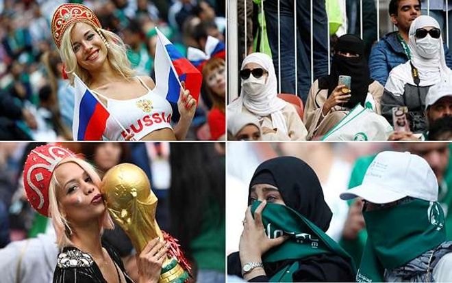 Muôn màu World Cup: Fan nữ Nga hở táo bạo, Saudi Arabia 'kín như bưng'