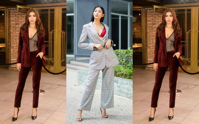 Minh Tú, Hoàng Thùy dắt tay nhau mặc suit hở bạo khoe vòng một quyến rũ