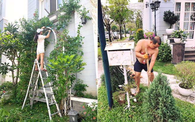 Thúy Hạnh leo trèo, Minh Khang cởi trần chăm vườn cho biệt thự đẹp