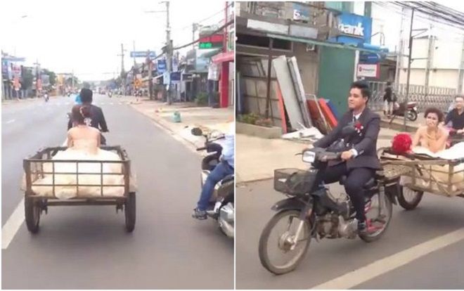 Clip chú rể đón dâu bằng xe kéo, cô dâu chẳng nề hà mà vẫn cười tươi khiến cộng đồng mạng thích thú
