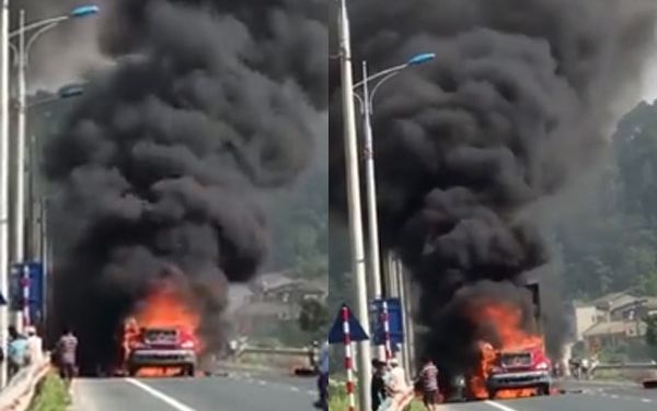 Đang lưu thông bất ngờ bốc cháy trên quốc lộ, xe container gần như bị cháy rụi hoàn toàn
