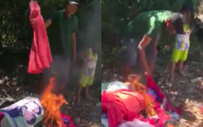 Bức xúc vì vợ đi cả đêm không về, chồng đem toàn bộ quần áo và ảnh cưới đốt trước mặt 2 con