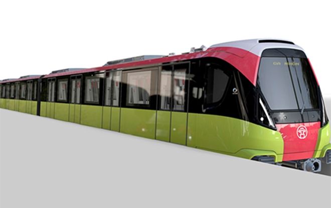 Tàu điện Nhổn - ga Hà Nội có gam màu xanh và đỏ hồng