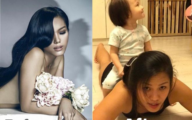 Cười 'té ghế' với chùm ảnh trước và sau khi có con của Phương Vy và chồng Tây