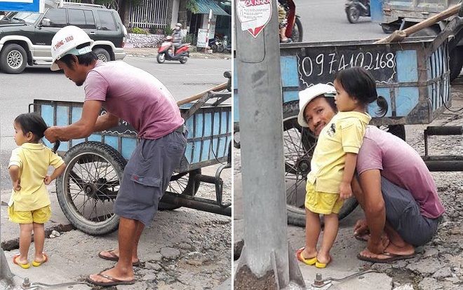 Khoảnh khắc bố tranh thủ buộc tóc cho con gái rung động hàng ngàn trái tim