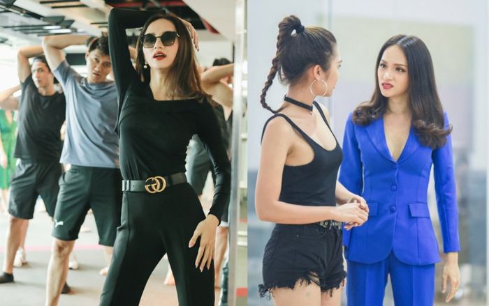 Hương Giang tạo dáng gợi cảm tột độ rồi chẳng ngại ngồi xổm để hướng dẫn thí sinh