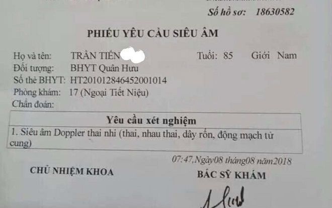 Cụ ông 85 tuổi được chỉ định 'siêu âm thai nhi', đại diện Bệnh viện nói gì?
