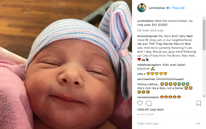 Khoe ảnh em gái mới sinh, Justin Bieber khiến fan 'tưởng bở'
