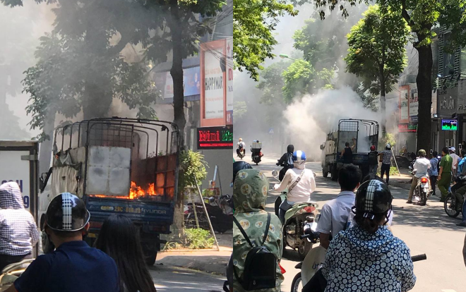 Ô tô chở nhiều thùng sơn đang đi đường bất ngờ bốc cháy dữ dội