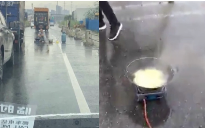 Ngồi nấu mì giữa đường, người đàn ông làm tắc nghẽn giao thông