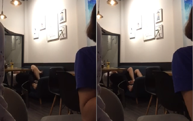 Thêm một đôi nam nữ ngang nhiên nằm ra ghế quán trà sữa sờ soạng phản cảm khiến dân mạng choáng váng