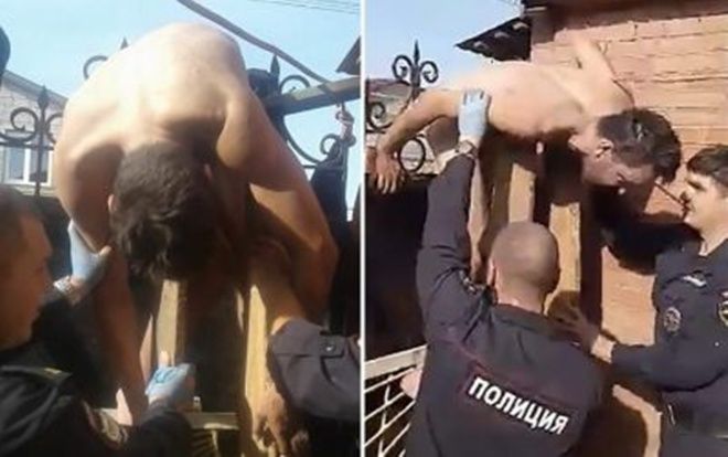 Người đàn ông say xỉn cởi đồ, cố trèo qua cổng sắt nhưng gặp sự cố nhớ đời