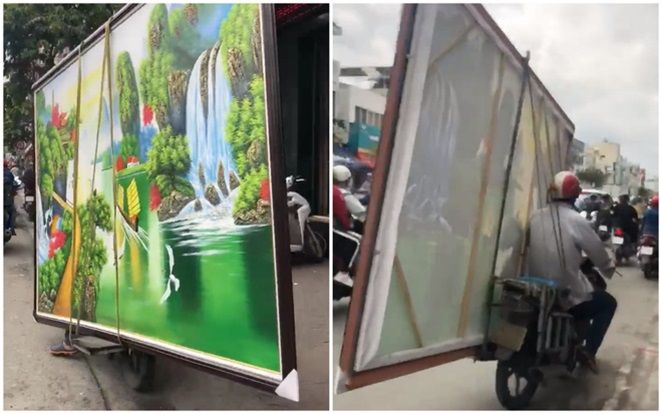Người đàn ông đi xe máy chở theo bức tranh 'to tổ chảng' khiến dân mạng vừa giận vừa thương người bất chấp mạng sống để mưu sinh