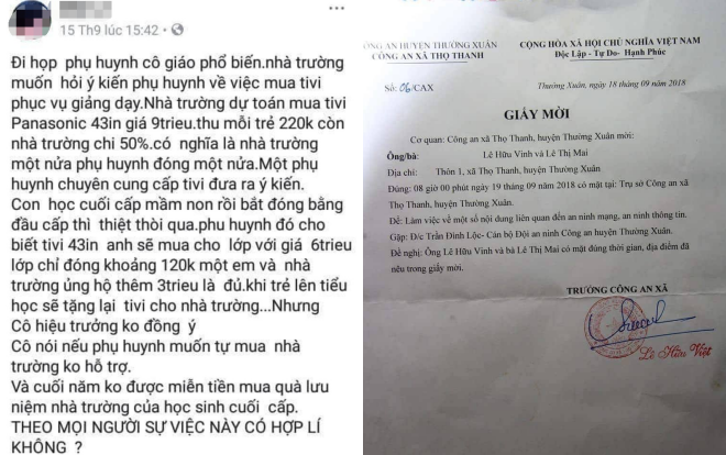 Xôn xao thông tin phụ huynh bị công an mời lên làm việc sau khi đăng thắc mắc về việc mua tivi phục vụ giảng dạy lên facebook