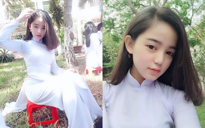 Nữ sinh cuối cấp diện áo dài đồng phục gây 'sóng gió' trên mạng nhờ gương mặt đáng yêu như em bé