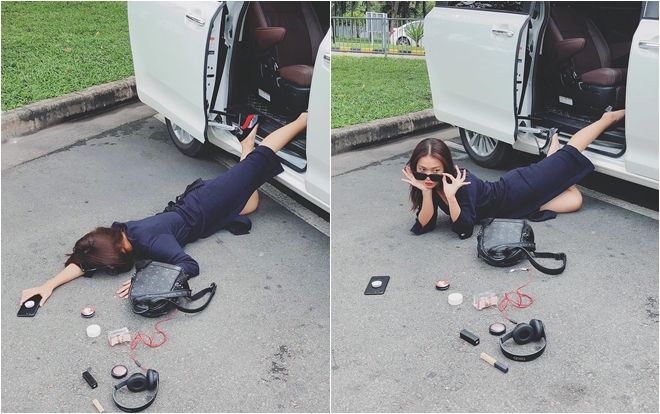 Bận đi quay, Khả Ngân vẫn không quên 'bắt trend' trào lưu chụp ảnh 'ngã sấp mặt'