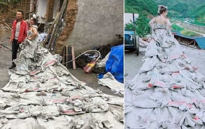 Váy cưới 'độc nhất vô nhị' làm từ vỏ bao xi măng, ai nhìn cũng khen vì sáng tạo