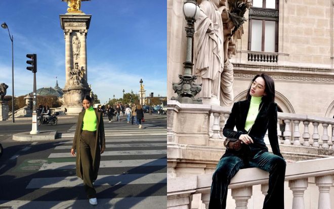 Cùng mặc áo len cổ lọ màu chóe, Khánh Linh và Hoàng Thùy đều chói chang giữa trời Paris
