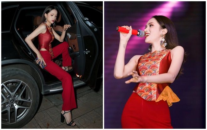 Hương Giang hóa 'phượng hoàng lửa' khi diện trang phục họa tiết truyền thống đỏ rực