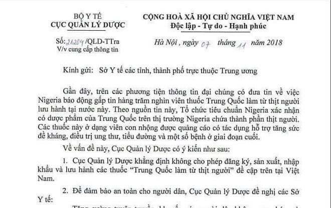 Bộ Y tế thông tin chính thức về 'thuốc từ thịt người' xuất xứ Trung Quốc