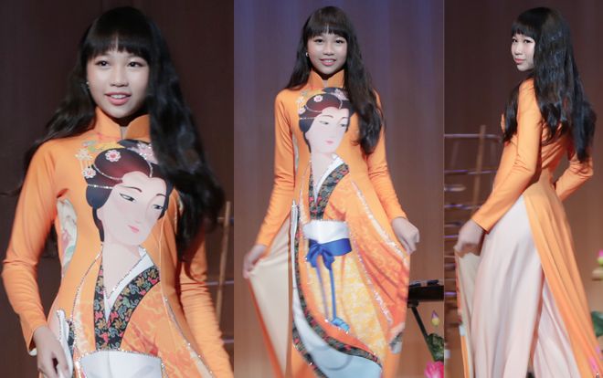 Hoa hậu Hoàn vũ nhí Ngọc Lan Vy cao 1m72 tha thướt trình diễn áo dài tại Nhật Bản