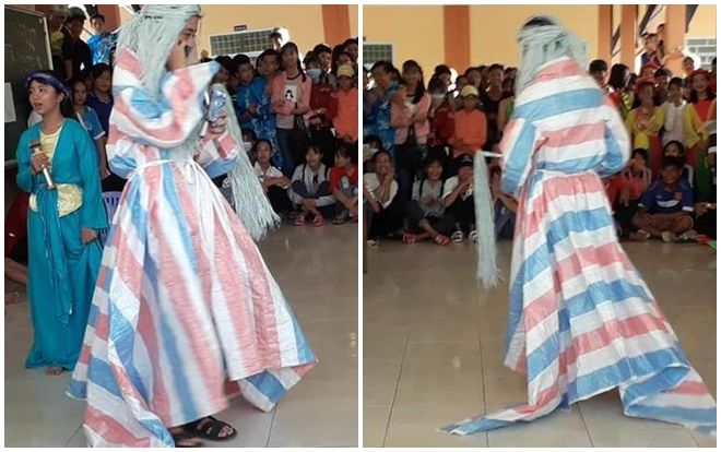 Góc văn nghệ mừng 20/11: 'Chết cười' với cảnh học sinh nghèo đem cả phông bạt lên sân khấu để diễn vai ông Bụt