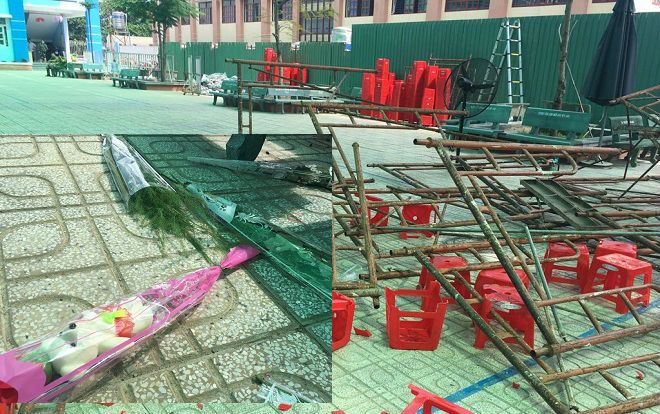 Vụ sập giàn giáo ở trường tiểu học: Hoa hồng, gấu bông chưa kịp tặng thầy thầy cô đã lăn lóc trong đống đổ nát