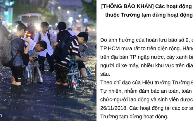Lo ngại mưa ngập do ảnh hưởng của bão số 9, nhiều trường ĐH ở Sài Gòn tiếp tục cho sinh viên nghỉ học