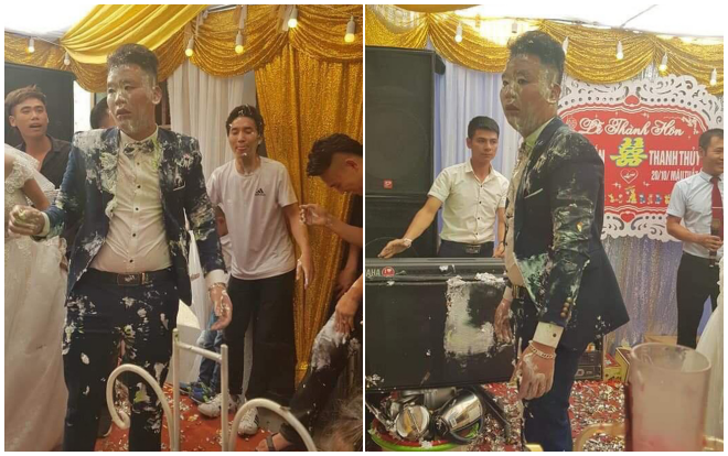Cô dâu chú rể thất thần vì bị hội bạn thân bôi hết bánh gato lên người ngay trong hôn lễ