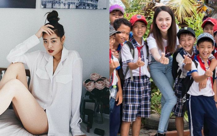 Khi Hương Giang diện combo đơn giản đi từ thiện thì học trò Khánh Vân lại thả dáng với sơ-mi lả lơi cực nóng bỏng