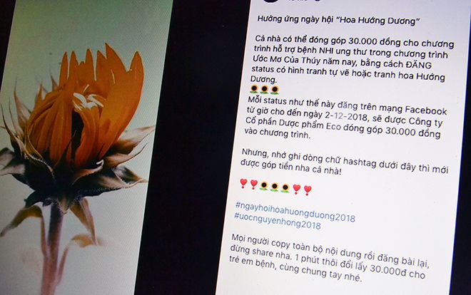 Đăng ảnh chụp hoa hướng dương lên Facebook có giúp đóng góp 30.000 đồng cho bệnh nhi ung thư không?