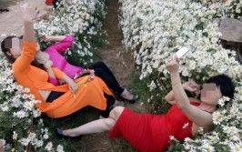 Hình ảnh 3 người phụ nữ mặc váy nằm đè lên hoa để chụp ảnh khiến dân mạng bất bình