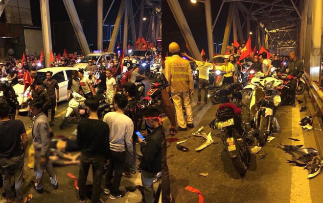 Xe máy đấu đầu trên cầu Chương Dương khi đi ‘bão’ ăn mừng chiến thắng đội tuyển Việt Nam, 2 người nhập viện cấp cứu