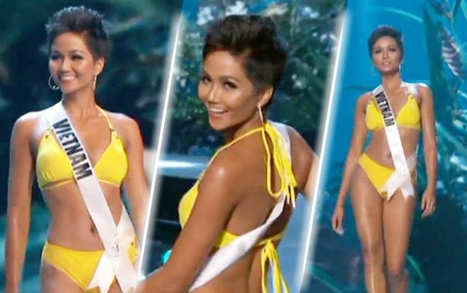 H'Hen Niê diện bikini vàng rực thi Miss Universe: Catwalk - Thần thái không thua một ai!