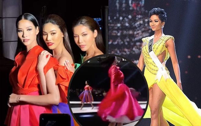 'Học đòi' H'Hen Niê, Hoàng Thùy luyện tập 'cú xoay thập kỷ' ngay trên sàn catwalk cùng Lan Khuê và Minh Tú