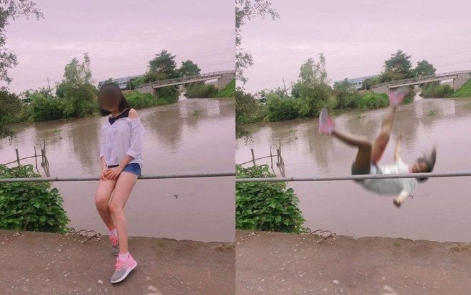 Mải miết tạo dáng chụp hình, sau vài giây cô gái trẻ đã vô tình 'lộn cổ' xuống sông