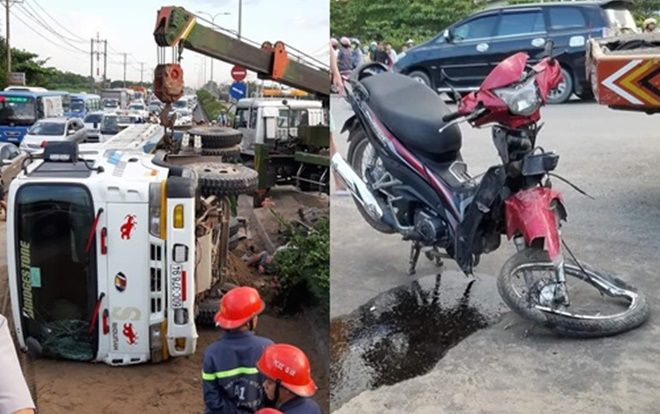 Xe ben chở đất cuốn 2 xe máy vào gầm khiến 1 người tử vong, 2 nạn nhân nguy kịch