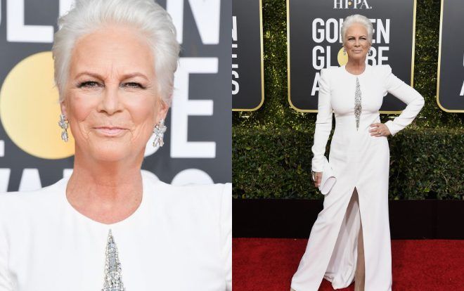 Ở tuổi 60, Jamie Lee Curtis diện váy trắng đánh bật dàn sao trẻ tại Quả Cầu Vàng 2019