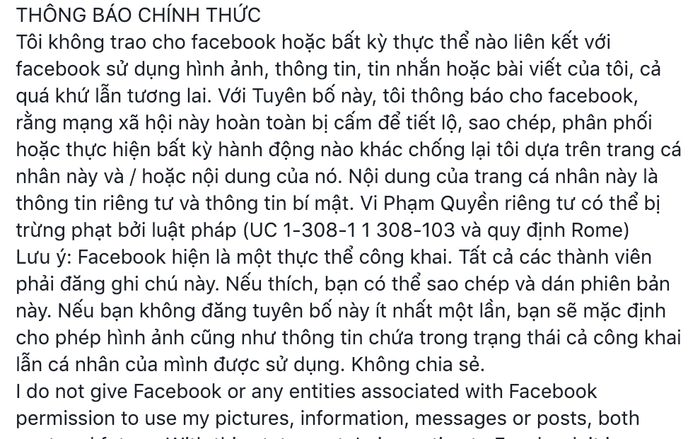 Người dùng Facebook Việt Nam lại bị lừa đăng tải lại status để bảo vệ thông tin cá nhân