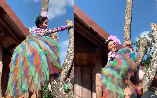 Trời ơi tin được không! Hết ngồi xe máy cày H'Hen Niê tiếp tục 'leo cây'