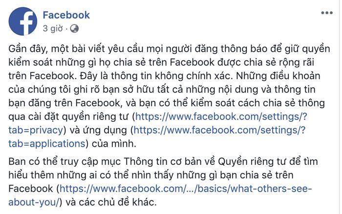 Facebook khẳng định người dùng Việt Nam đang bị lừa khi đăng status bảo vệ thông tin cá nhân