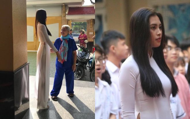 Hoa hậu Tiểu Vy gây tranh cãi khi diện quần mỏng manh về trường cũ