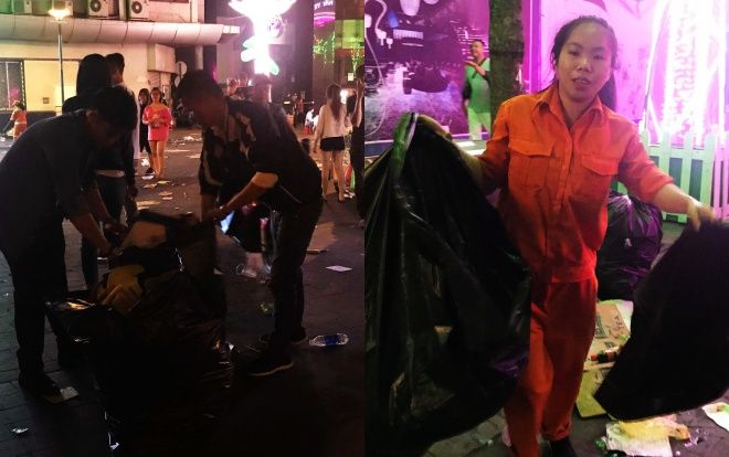 Nhiều bạn trẻ lặng lẽ nán lại để dọn rác sau đêm giao thừa