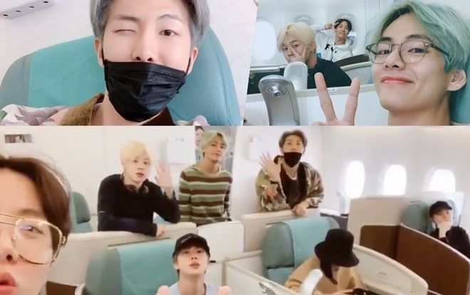 BTS háo hức khoe ảnh trên máy bay đến Los Angeles dự Grammy Awards 2019: V nhắng nhít với mũi heo 'trend Kỷ Hợi'
