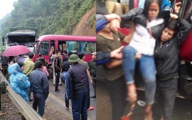 Xe khách đấu đầu xe tải, người dân phá cửa xe đưa 6 hành khách bị thương đi cấp cứu