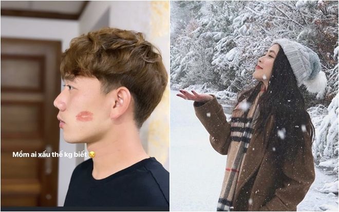 Minh Vương khoe dấu son môi của bạn gái trên má như thể muốn nói với cả thế giới rằng mình đang yêu